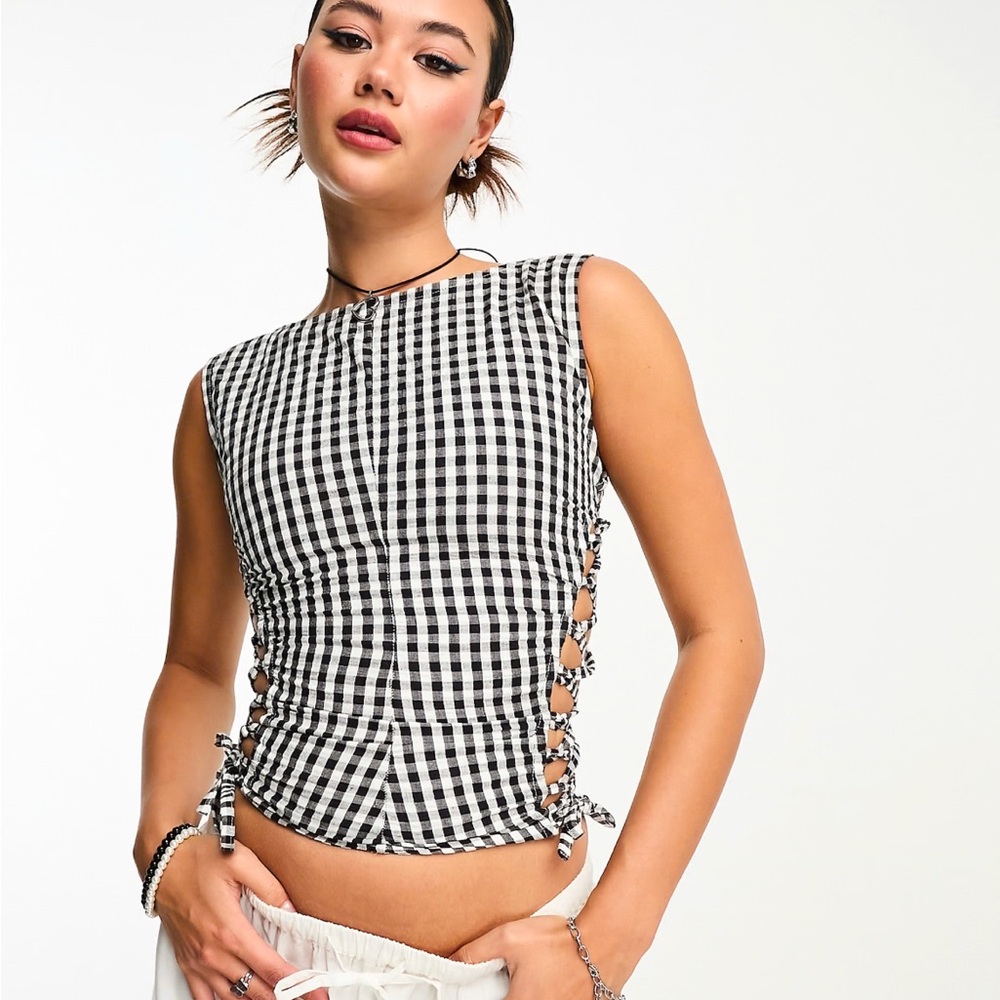 NWT Gingham Slash Neck top with Lace Detail